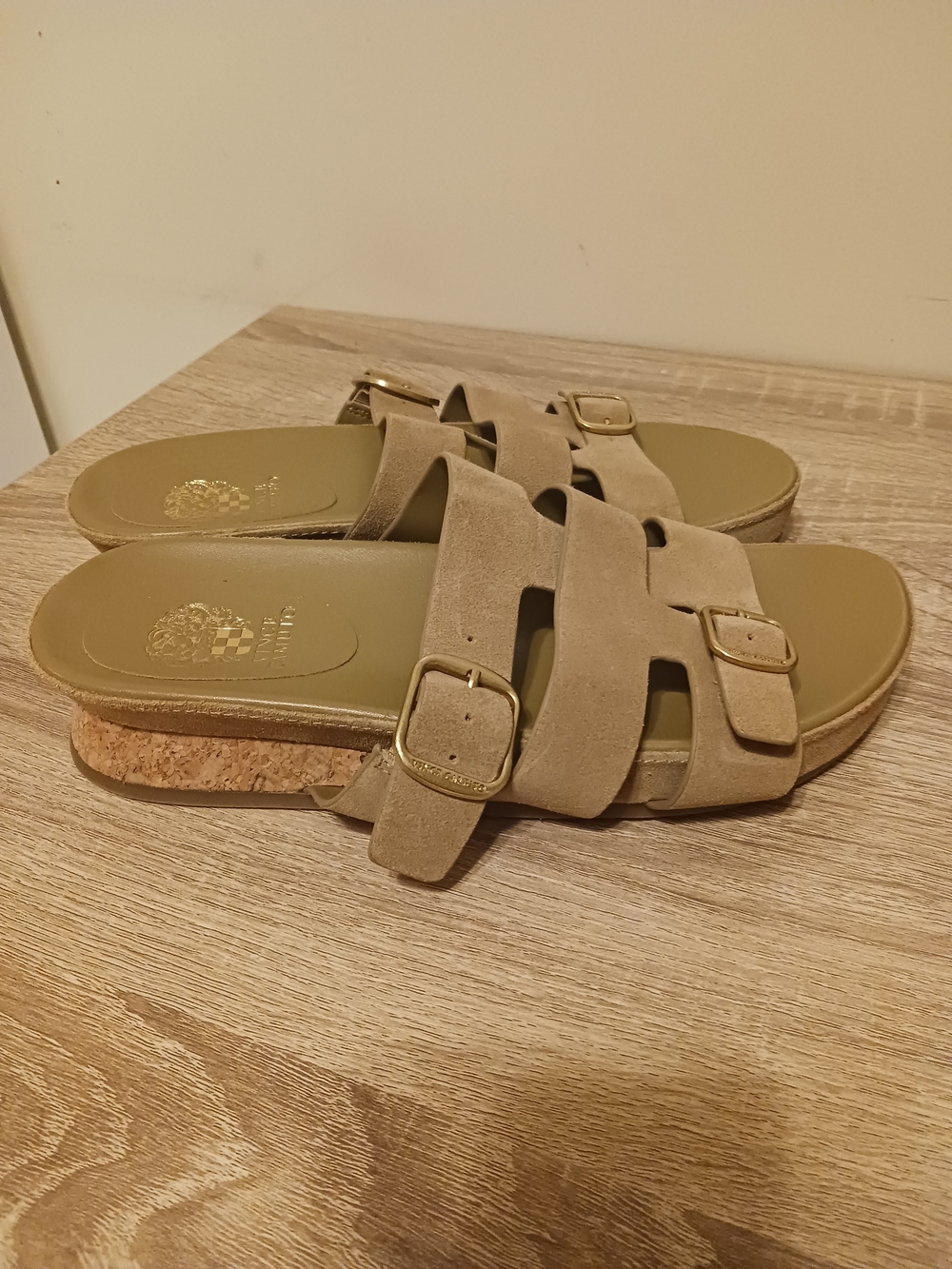 Vince Camuto Suede Double-Buckle Slide Sandals in Tan - Picture 3 of 9